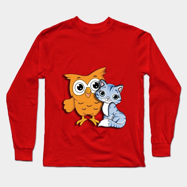 a cat and an owl Long Sleeve T-Shirt by Amadej